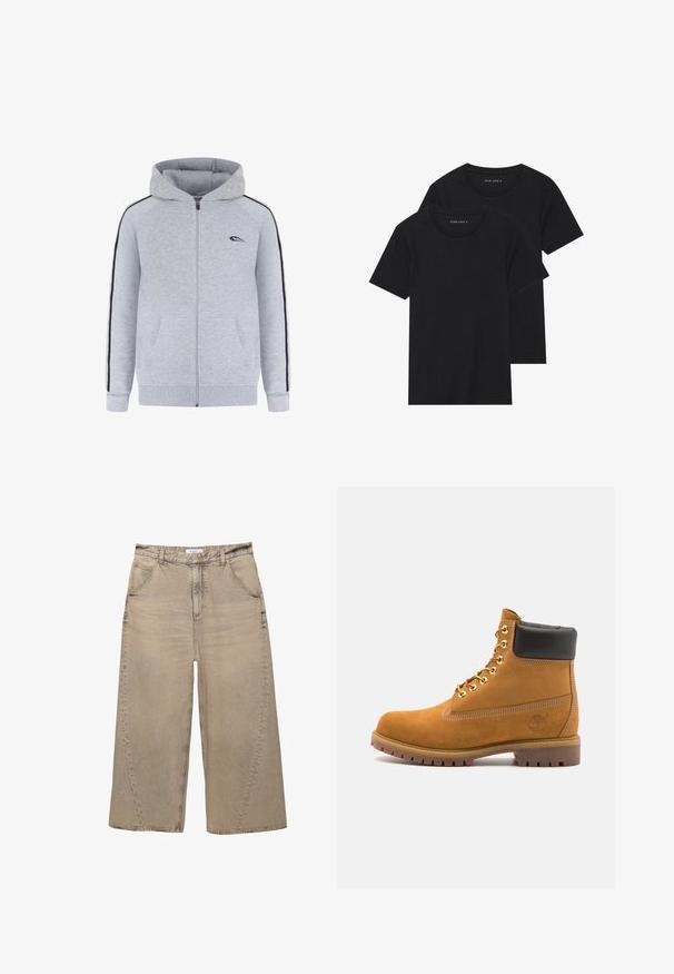 Grå zip-up hættetrøje med kængurulomme, sorte sidelister og et lille logo på venstre bryst. Glat stof og justerbar hætte.; To sorte bomulds t-shirts med korte ærmer, rund halsudskæring og en glat tekstur, vist stablet sammen.; PULL&BEAR MEGA BAGGY - Baggy jeans - light grey; Tan nubuck ankelstøvle med sort polstret krave, gyldne metaløjer, hvid syning detaljer og robust gummisål med udtalte slidbaner.