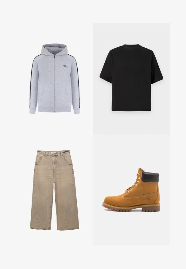 Grauer Reißverschluss-Hoodie mit einer Kängurutasche, schwarzen Seitenstreifen und einem kleinen Logo auf der linken Brust. Glattes Material und verstellbare Kapuze.; Schwarzes T-Shirt mit kurzen Ärmeln in lockerer Passform, aus glattem Baumwollmaterial, mit rundem Ausschnitt und minimalistischem Design.; PULL&BEAR MEGA BAGGY - Baggy Jeans - light grey; Beige Wildleder-Ankle-Boot mit schwarzem gepolstertem Kragen, goldenen Metallösen, weißen Nähdetalben und einer robusten Gummisohle mit ausgeprägtem Profil.