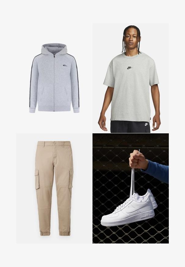 Grå zip-up hoodie med en känguruficka, svarta sidostråk och en liten logotyp på vänster bröst. Slätt tyg och justerbar huva.; Ung person med flätat hår iklädd en ljusgrå Nike T-shirt och svarta Nike-shorts framför en enkel vit bakgrund.; Beiga cargobyxor i ett lätt bomullsmaterial. Har elastiska mudd, flera sidofickor och en knappstängning.; Vita lädersneakers med perforeringar, rund tå, platt sula och tjocka snörning, med en synlig swoosh-logga och "AIR" på hälen.