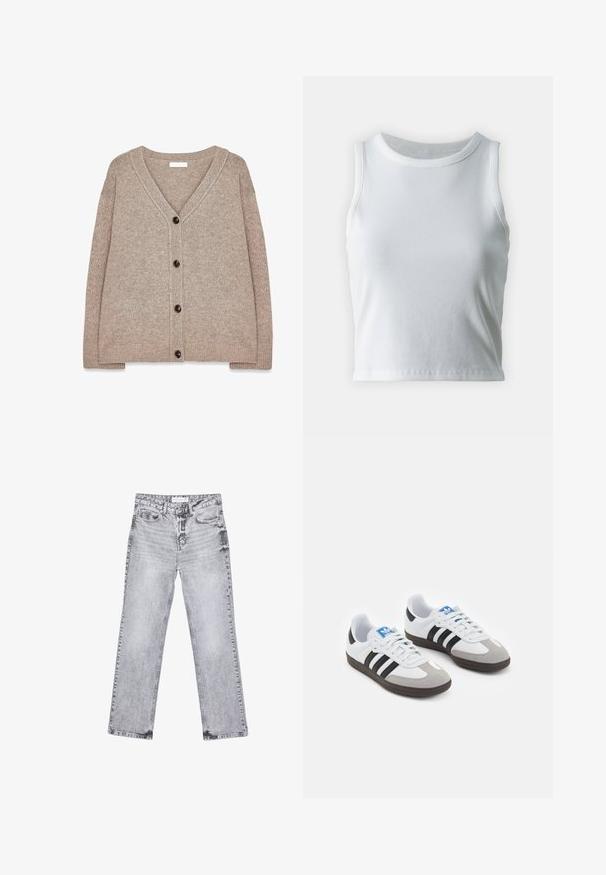Beige stickad kofta med V-ringning, ribbade kanter och fem bruna knappar fram. Mjuk textur och avslappnad passform.; Vit ribbad linne med rund halsringning och ärmlös design, med en rak nederkant och en smidig, elastisk textur.; Grå denimjeans med rak benpassform, slitna detaljer, fem fickor och kopparnitar. Midjan har en logotagg.; Sportskor med överdel i vit läder, grå mocka på tårna och tre svarta ränder. Har en blå logotyp på tungan och en texturerad gummisula.