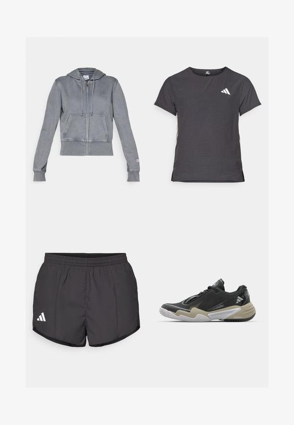 Grijze zip-up hoodie gemaakt van zacht materiaal met een ribbelrand aan de onderkant en bij de mouwen. Voorzien van een capuchon met trekkoord en een voorste kangaroezak. Logo-detail op de borst.; Korte mouwen sport t-shirt, donkergrijs met geperforeerde textuur. Bevat een wit logo en contrasterende zijstrepen. Ronde halslijn.; Zwarte sport shorts gemaakt van lichtgewicht stof, met een elastische tailleband en een wit Adidas-logo aan de onderkant aan de linkerkant.; Zwarte en beige sportieve schoen met een gestructureerde bovenkant, opvallend zoolontwerp, reflecterende accenten en vetersysteem. Lichtgewicht constructie.