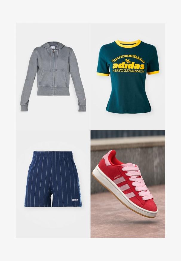 Gray zip-up hoodie made of soft fabric with a ribbed hem and cuffs. Features a drawstring hood and front kangaroo pocket. Logo detail on chest.; Teal cotton t-shirt with yellow ribbed collar and cuffs. Features large yellow text: "Sportmanufaktur adidas HERZOGENAURACH" and logo.; Navy blue shorts with white pinstripes, elastic waistband, and Adidas logo. Features blue accents on the sides, made of cotton blend material.; Red suede sneaker with pink accents, featuring three white stripes and light pink laces. White midsole and gum rubber outsole.