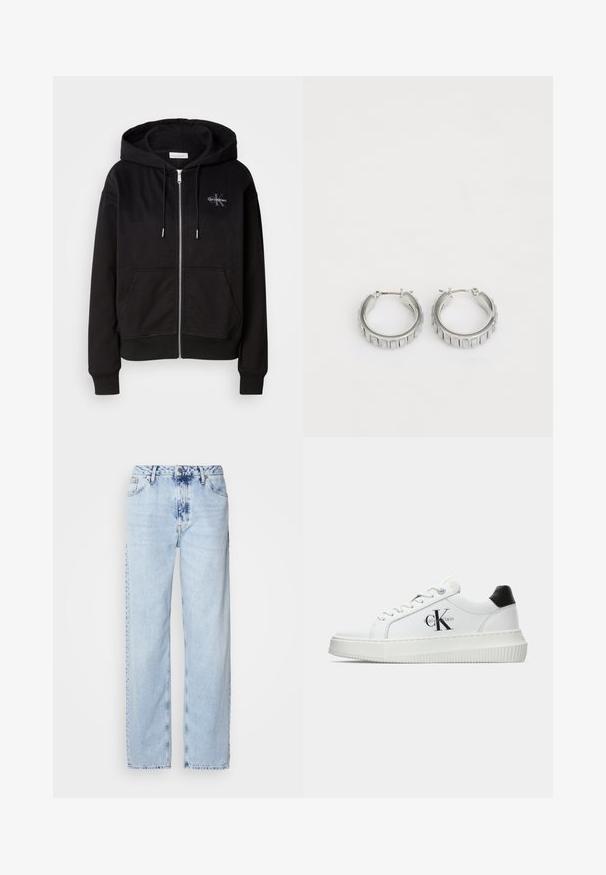 Črna zip-up kapuca iz mehkega bombažnega materiala, z kapuco, sprednjimi žepi in srebrnim okovjem. Calvin Klein logo je izšít na prsih.; Mornarsko modra bombažna majica s kratkimi rokavi, z majhnim belim logotipom "Calvin Klein" na sprednji strani. Okrogel izrez, sproščen kroj.; Svetlo modri široki džins hlače iz denima, z visokim pasom, zbledelim pranjem in subtilnim tie-dye vzorcem spredaj.; Bele nizke superge z črnim hrbtnim delom, platformo, vezalkami in Calvin Klein "CK" logotipom na strani.; Srebrni obroči s teksturiranim dizajnom, ki vsebuje navpične rebraste vzorce. Krožna oblika z varnim zapiranjem na zaponko. Gladek zaključek.