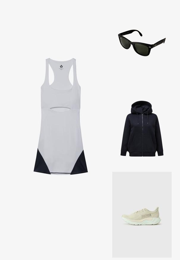 Felpa nera con zip, cappuccio regolabile con stringhe, tasche frontali e polsini a coste. Realizzata in un tessuto morbido e spesso con una texture liscia.; Abito sportivo bianco con dettagli a bustier, design con schiena a corsetta e accenti in rete nera sull'orlo. Realizzato in materiale elasticizzato e leggero.; Scarpa da corsa beige chiaro con tomaia in rete testurizzata, soletta ammortizzata e suola verde menta. Presenta il marchio Hoka di lato.; Occhiali da sole in plastica nera con lenti verde scuro. Il design della montatura quadrata presenta dettagli argentati e un logo in rilievo sulla tempia.; Borsa tote in denim con doppi manici e una tracolla blu navy rimovibile. Presenta la scritta "Coach New York" in lettere blu e un'etichetta in pelle.