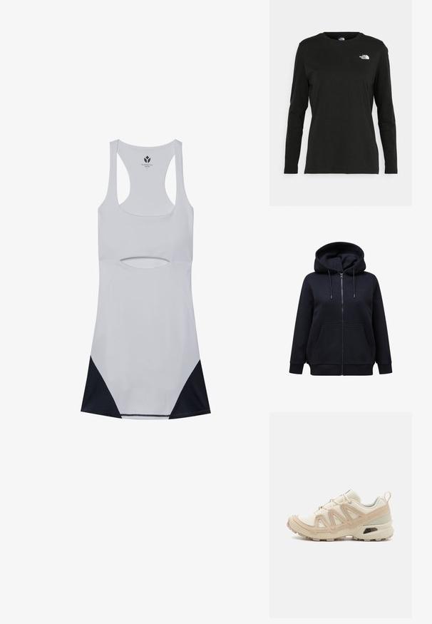 Sort lynlås hættetrøje med snøre i hætten, forlommer og ribstrik ved håndleddene. Fremstillet af blødt, tykt stof med en glat tekstur.; Hvid atletisk kjole med udskæringsdetalje, racerback-design og sorte mesh-accenter ved kanten. Fremstillet af strækbart, letvægtsmateriale.; Sort langærmet t-shirt lavet af bomuld med rund hals. Har et lille hvidt logo på venstre brystområde. Enkel design og pasform.; Beige og creme atletiksko med struktureret mesh-overdel, støttende overlays og gummiyderside med et mønster for trækkraft.