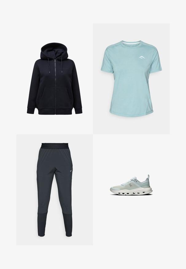 Sort lynlås hættetrøje med snøre i hætten, forlommer og ribstrik ved håndleddene. Fremstillet af blødt, tykt stof med en glat tekstur.; Lys blå kortærmet t-shirt lavet af blødt stof, med rund halsudskæring og et lille hvidt logo på brystet. Synlige sømdetaljer.; Nike træningsbukser i mørkegrå, med en tætsiddende ben-design, elastisk talje og detaljer ved manchetterne.; Lys blå sneakers lavet af mesh og syntetiske materialer. Har en hvid mellemsål, afrundet form og udskårne accenter langs sålen.