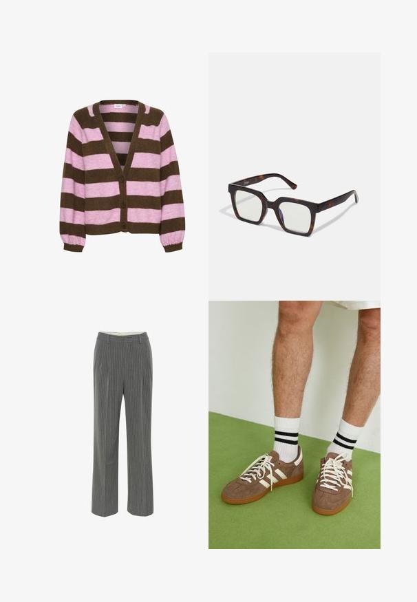 Nertas kardiganas su vertikaliomis rožinėmis ir rudos spalvos gipso juostomis, giliu V-formos iškirpimu, sagų uždarymu ir pūstomis rankovėmis. Minkšta tekstūra.; Balta medvilninė marškinėliai be rankovių su plačiomis petnešomis, apvaliu kaklu ir lygia, raibuliuojančia tekstūra. Nėra jokių raštų ar akcentų.; Pilki dryžuoti kelnių su pritaikytu fasonu, plokščiu priekiu ir plačia kojų išpjova. Pagaminti iš sklandžios, lengvos medžiagos.; Rudoni veršiai sportbačiai su baltais akcentais ir raišteliais. Gumos padu. Dėvimi su baltais kojinėmis, turinčiomis juodas juostas. Žalios tekstūruotos grindys.; Kvadratiniai saulės akiniai su vėžlio kiauto akrilo rėmu ir skaidriais objektyvais. Yra plačios kojelės ir matinė apdaila, didinanti bendrą patvarumą.; Kremo spalvos odinė petnešų rankinė, pusmėnulio formos, plona dirželis ir subtilūs siuvimo akcentai. Minimalistinio dizaino su auksiniu tone detalėmis.