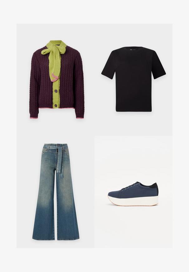 Knit cardigan in dark purple with a textured pattern. Features a bright green tie scarf, pink accents, and brown buttons along the front.; Black short-sleeve t-shirt with a round neckline, crafted from soft cotton fabric. Simple design, no visible logos or patterns.; Wide-leg denim trousers featuring a light to dark blue gradient, high waist, belt loops, and a matching fabric belt. Textured denim finish.; Navy blue sneaker with a textured fabric upper, white platform sole, rounded toe, and black heel accent. Features six eyelets for laces.
