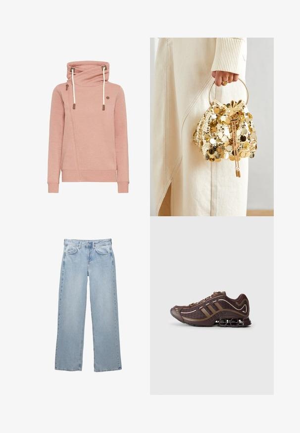 Ružová mikina s kapucňou, ktorá má diagonálne zapínanie na zips a šnúrky. Hladká textura so kontrastnými hnedými akcentmi.; Čierny top s dlhými rukávmi vyrobený z mäkkej tkaniny, s drapovaným dizajnom a prekríženým predným dielom, doplnený o lodičkový výstrih. Hladká textúra, skrátená dĺžka.; Svetlomodré denimové nohavice so širokým strihom, s uzáverom na gombík a zips, piatimi vreckami a minimálnymi šitými detailmi.; Hnedá atletická obuv s vrchnou časťou z mäkkej sieťoviny a syntetických materiálov, so znakmi troch pruhov, detailným prešívaním, mäkkou podrážkou a charakteristickým pružným podpätkom.; Zlatá taška na šnurovanie so zaoblenou rukoväťou, zdobená lesklými okrúhlymi flitrami a texturovaným materiálom. Rozmery nie sú uvedené.