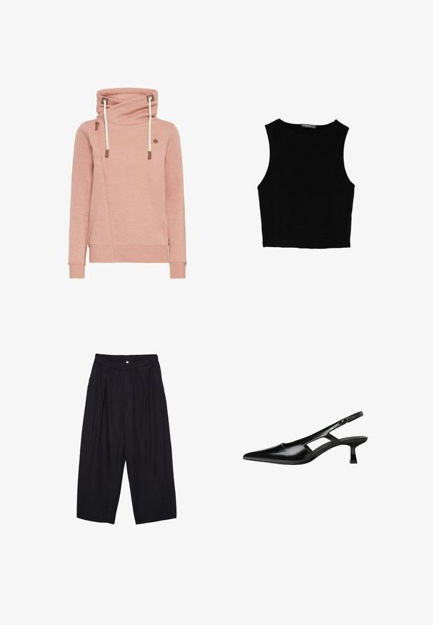 Ružová mikina s kapucňou, ktorá má diagonálne zapínanie na zips a šnúrky. Hladká textura so kontrastnými hnedými akcentmi.; Čierny bezrukávový crop top vyrobený z hladkej tkaniny, so zaobleným výstrihom a čistým, jednoduchým dizajnom bez vzorov alebo kovania.; Čierne polyesterové culotte nohavice s elastickým pásom, dvoma prednými záhybmi a voľným strihom. Žiadne viditeľné vzory ani detaily z kovu.; Čierne lakované kožené lodičky na podpätku s špicatou špičkou, výrezovým dizajnom na boku a malým štvorcovým podpätkom. Hladký povrch s minimálnymi akcentmi.