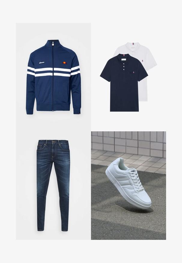Jaqueta de fecho zip em azul-marinho, feita de um tecido suave, com riscas brancas ao longo do peito e das mangas, e um logótipo bordado no lado esquerdo.; Duas camisetas polo: uma azul-marinho e uma branca, ambas com um pequeno detalhe em vermelho, branco e azul no bolso do peito e na gola.; Jeans de ganga azul escura com um corte slim, desbotamento suave, cinco bolsos e fecho com botão de metal. Detalhes costurados em cor contrastante.; Sapatilha desportiva branca com parte superior em couro liso, frente com atacadores, bico perfurado e sola padronizada. Design minimalista com três riscas laterais.