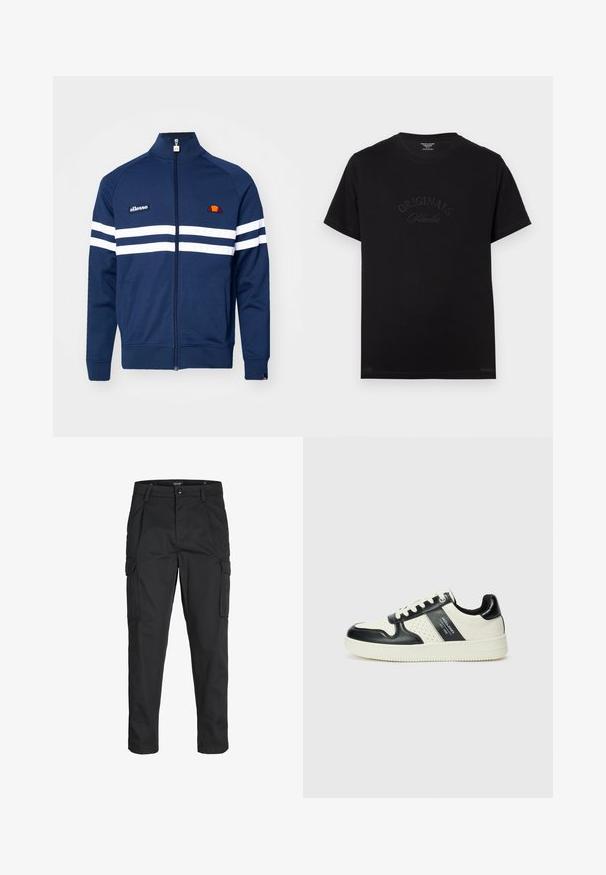 Navy zip-up jacket made of soft fabric featuring white stripes across the chest and sleeves, with an embroidered logo on the left side.; Black cotton t-shirt with short sleeves and a round neckline. Features "ORIGINALS Studio" embossed in tonal lettering on the front.; Black cargo pants made of sturdy fabric, featuring multiple pockets, a button closure, and a slim fit design with tapered legs.; Leather sneakers with a black and cream color scheme, featuring perforated accents, a padded collar, and a textured outsole.