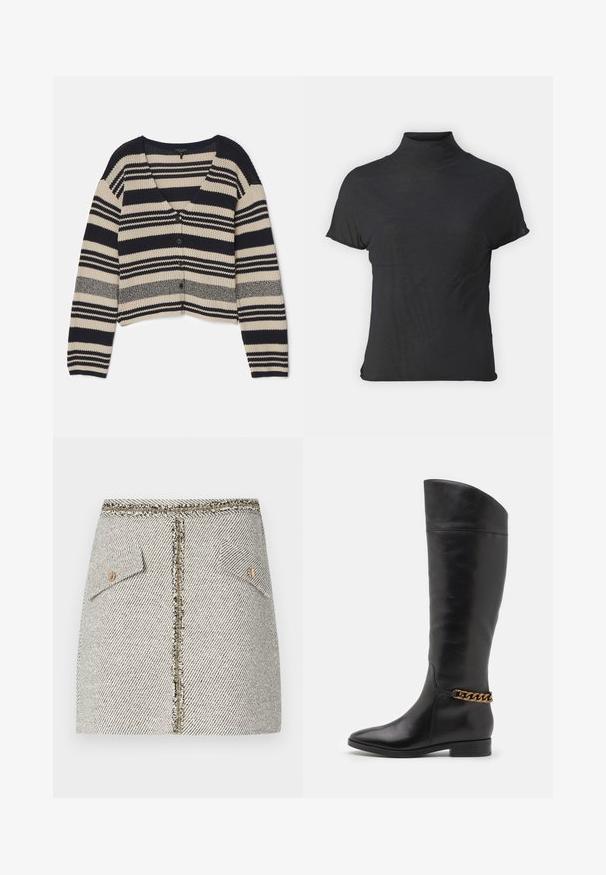 rag & bone CYRUS STRIPE - Cardigan - salute; Sort kortærmet turtleneck top lavet af letvægtsstof med en glat tekstur og en tætsiddende pasform, der har en høj hals.; Vævet tweed nederdel i hvid og sort herringbone mønster, med to for- lommer og en guldfarvet lynlås bagpå med frynset kant.; Høje sorte læderstøvler med et slankt design, spids tå og en guld kædeaccent ved anklen. Lav blokhæl. Glat overflade.