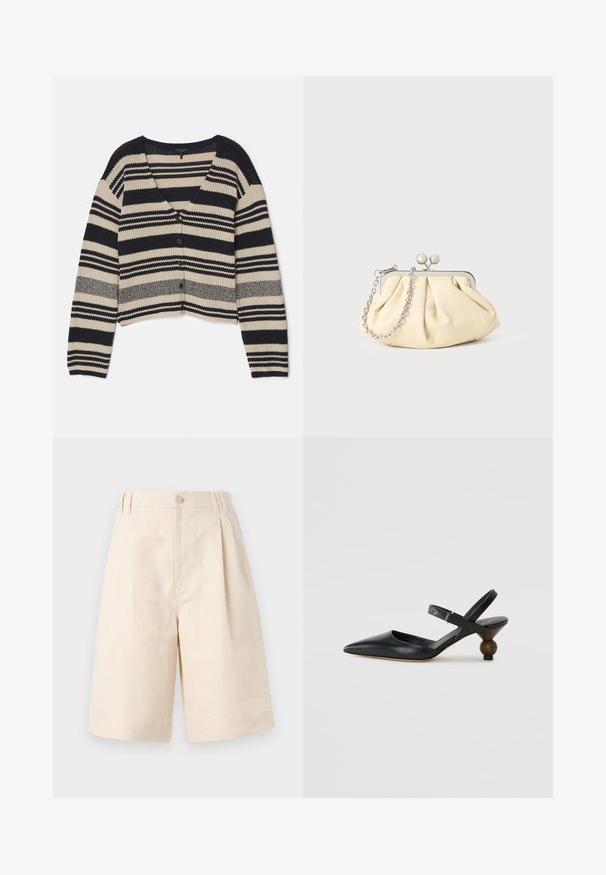 rag & bone CYRUS STRIPE - Adīta jaka - salute; Balta īsām piedurknēm adīta blūze ar apaļu kakla izgriezumu, kurai ir gluda tekstūra un smalki riboti akcenti pie piedurknēm un apakšmalas.; Beige linu džinsi ar brīvu piegriezumu, ar pogu aizdari, krokām un līdz ceļiem garumu. Gluda tekstūra un vienkāršs stils.; Melnas ādas siksniņu kurpes ar smailu purngalu, izliektu dizainu un apaļu koka līdzīgu papēdi. Iekļauta šaura potītes siksna.; Rūpīgi pleatota bežīga ādas somiņa ar sudraba metāla rāmi, kurai ir divas apaļas dekoratīvas sprādzes un sudraba ķēdes siksna.