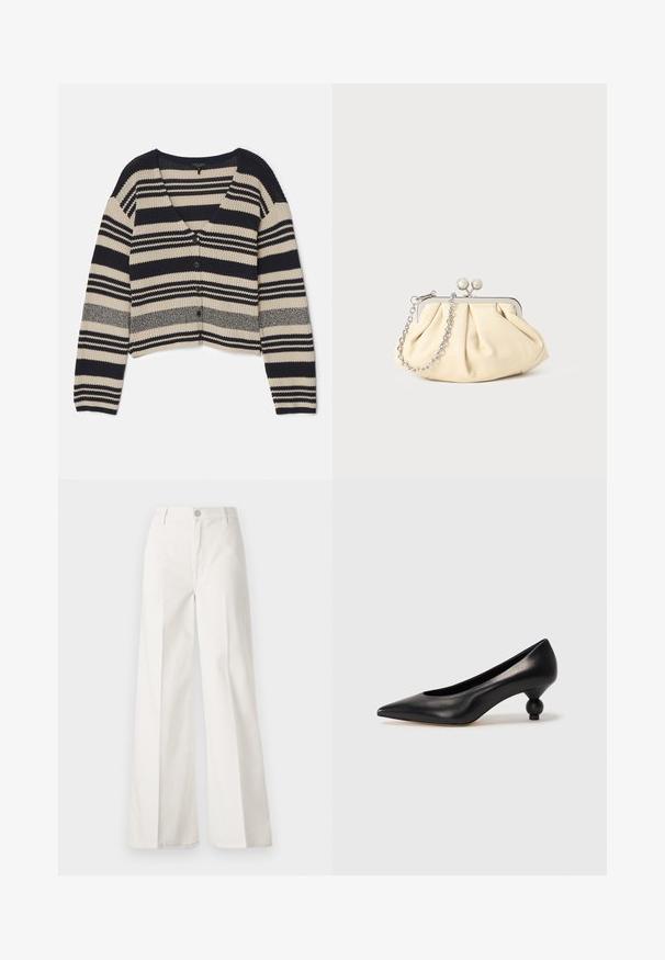 rag & bone - Kardigan; Biała bawełniana koszulka z krótkim rękawem, okrągłym dekoltem, luźnym krojem i przeszytym brzegiem. Metka widoczna wewnątrz dekoltu.; Białe spodnie typu wide-leg wykonane z bawełny o gładkiej fakturze. Posiadają zapięcie na guzik z przodu, zamek błyskawiczny oraz cztery kieszenie.; Czarna skórzana szpilka z ostrym czubkiem i okrągłym, kulistym obcasem. Gładka tekstura z eleganckim, minimalistycznym wzornictwem.; Złożona beżowa skórzana kopertówka z srebrną metalową ramą, z dwoma okrągłymi dekoracyjnymi zapięciami i srebrnym łańcuszkiem.