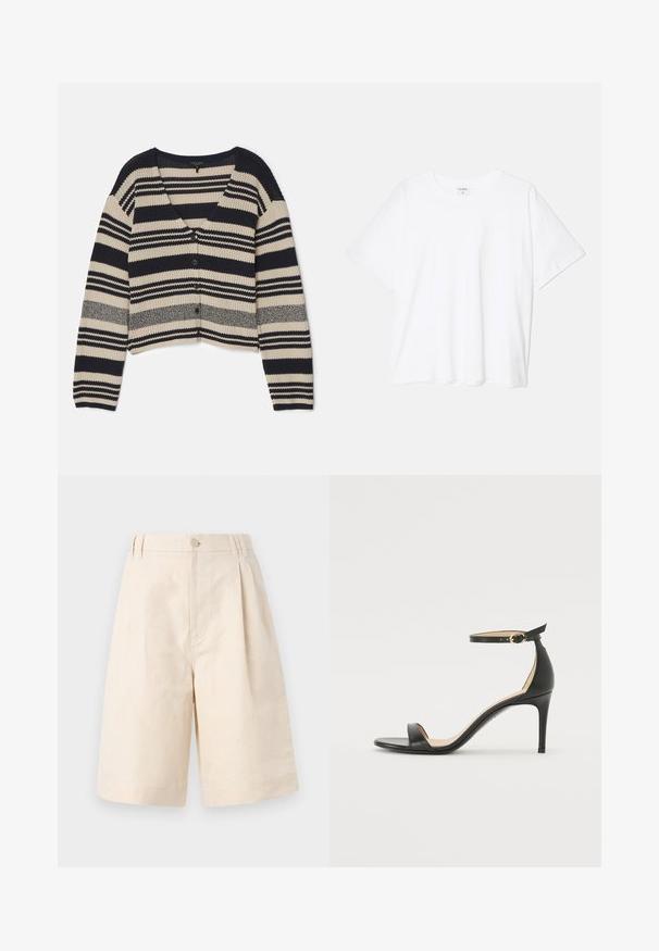rag & bone CYRUS STRIPE - Kardigan - salute; Valge puuvillane T-särk lühikeste varrukatega, ümmargune kaelus, mugav lõige ja õmmeldud serv. Silt nähtav kaela seest.; Beezid linane lühikesed püksid, millel on mugav lõige, nupuga sulgemine, volditud disain ja kuni põlve ulatuv lõige. Sile tekstuur ja lihtne stiil.; Must musta kõrgete kontsadega sandaal, millel on pahkluule kinnituv rihm. Omab sileda tekstuuri, avatud varbaosa ning õhukest kontsa. Kuldtooniline pandla detail.