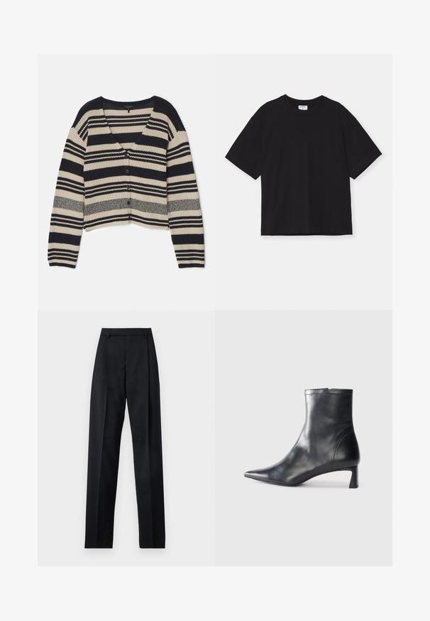 rag & bone CYRUS STRIPE - Kardiganas - salute; Juodas trumpas rankovėmis marškinėliai, pagaminti iš medvilnės. Jų kontūras yra laisvas, apvali iškirptė, o ant jų nėra matomų raštų ar puošbumų.; Juodos kelnės iš lygaus audinio, pasižyminčios aukštu liemeniu, plačiomis kojomis, priekinėmis klostėmis ir klasikiais diržo kilpomis. Šoninių kišenių nematyti.; Juodas odinis kulkšninis batas su smailiu pirštu ir elegantišku dizainu. Turi žemą kulną ir užtrauktuką gale. Lygi tekstūra.