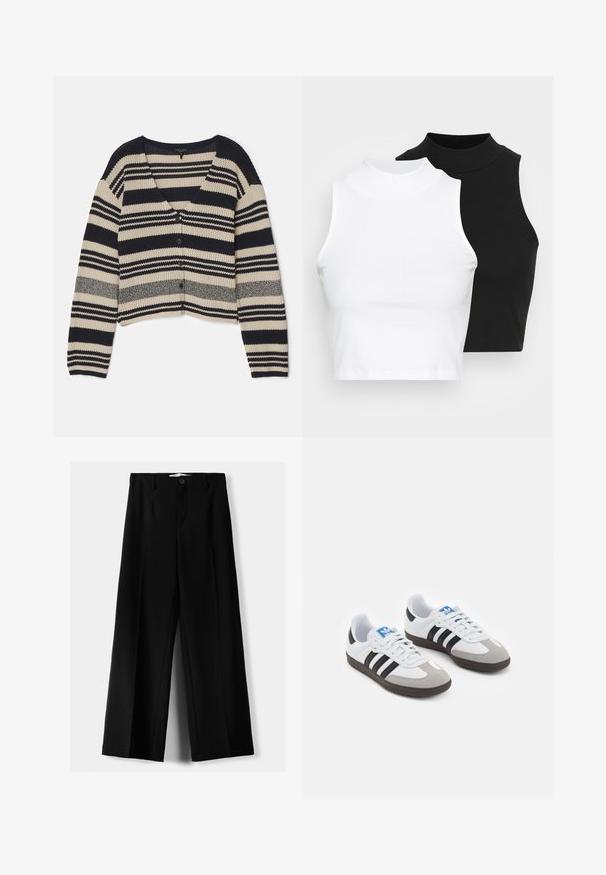 rag & bone CYRUS STRIPE - Vest - salute; Twee mouwloze ribgebreide coltruien in zwart en wit, met een slim fit ontwerp en een gladde textuur, met een cropped lengte.; Zwarte wijde broek van lichtgewicht stof, met een knoopsluiting aan de voorkant en een vlakke achterkant, afgewerkt met keurig gestikte zoom.; Sportschoenen met een witte leren bovenkant, grijze suède neus en drie zwarte strepen. Bevat een blauw logo op de tong en een gestructureerde rubberen zool.
