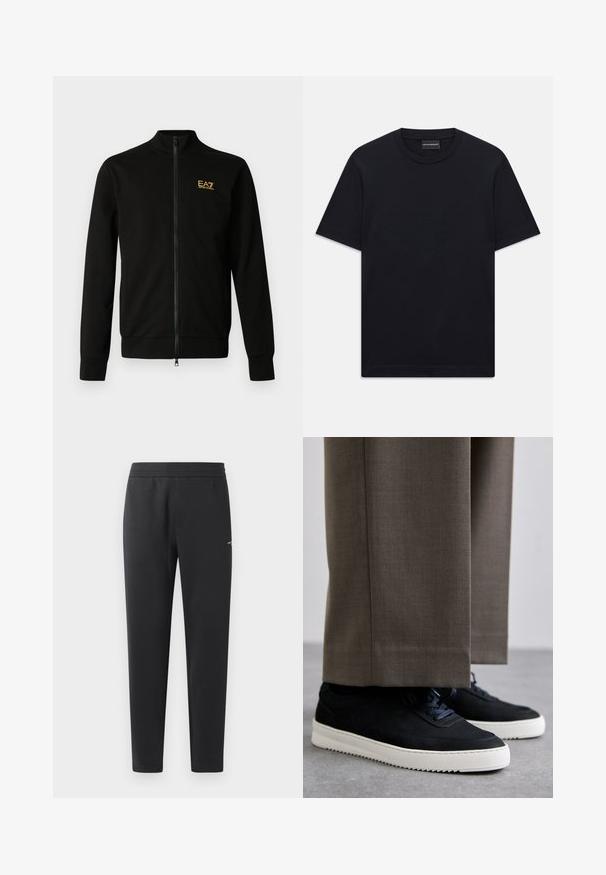Svart jakke med glidelås laget av mykt stoff. Den har høy hals, lange ermer og en liten gul logo på øvre venstre side.; Svart kortermet T-skjorte med rund hals og subtil preget logo-design sentrert på brystet, samt et merke inne i halsen.; Sorte joggebukser laget av myk stoff, med elastisk midjebånd, rette ben og en liten logo detalj på siden.; Svarte suedeglans sneakers med hvite gummisåler, med rund tå og lisser, iført grå skreddersydde bukser.