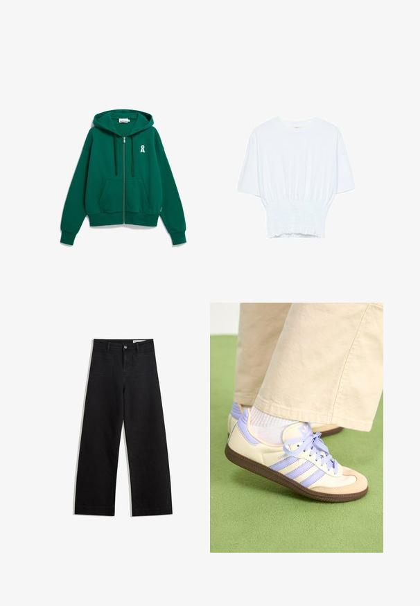Grüne Zip-Hoodie mit einer Vorderentasche, Kapuze mit Kordelzug und einem weißen Bänder-Logo auf der linken Brust. Hergestellt aus weichem, strukturiertem Stoff.; Weißes T-Shirt mit kurzen Ärmeln, lockerer Passform und gerafftem Stoff an der Taille. Aus weichem, leichtem Material gefertigt.; Schwarze weit geschnittene Jeans mit hoher Taille, ausgestattet mit Vorder- und Hintertaschen, gesteppten Nähten und einem Knopfverschluss. Glatte Textur.; Cremefarbene und lavendelfarbene Sneakers mit drei Streifen und einer strukturierten braunen Sohle, ausgestattet mit Schnürsenkeln und einer gepolsterten Ferse. Obermaterial aus weichem Stoff.