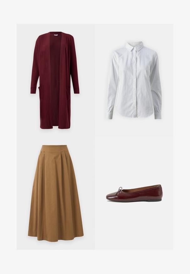 Burgunderfarget lang cardigan laget av mykt stoff, åpen frontdesign, lange ermer og to frontlommer. Glatt tekstur, minimal detaljering.; Hvit skjorte med knapper laget av glatt bomull, med klassisk krage, lange ermer og buet skjær. Knapper er små og hvite.; Brun bomull A-linje skjørt med høy midje, med folder foran og en jevn tekstur. Kantene er rene og enkle.; Burgunderrød lakk lær ballettleilighet med rund tå, liten sløyfe foran og en lav, svart gummisåle. Glatt tekstur.