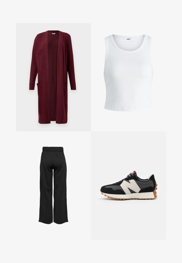 Burgundská dlouhá cardiánka vyrobená z měkké tkaniny, otevřený přední design, dlouhé rukávy a dvě přední kapsy. Hladká textura, minimální detaily.; Bílý žebrovaný top na ramínka se kulatým výstřihem, bez rukávů a zkrácenou délkou. Název značky je "JJXX." Hladká struktura látky.; Černé široké kalhoty s elastickým pasem, vyrobené z hladkého materiálu. Disponují čistým designem bez kapes nebo viditelných švů.; Černé a šedé semišové tenisky s velkým krémovým logem "N", fialovými tkaničkami a strukturovanou gumovou podrážkou.