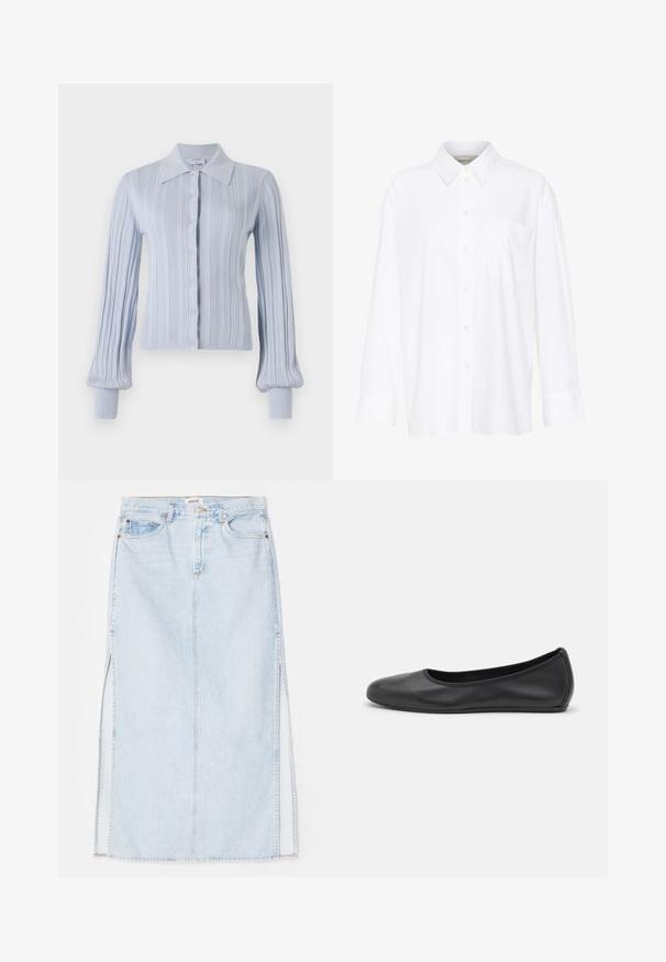 Cardigan azzurro chiaro con texture a costine, chiusura con bottoni e colletto. Presenta maniche lunghe con polsini aderenti.; Camicia bianca a maniche lunghe con colletto in cotone. Caratterizzata da una chiusura con bottoni e una tasca sul petto singola. Tessuto liscio, vestibilità comoda.; Gonna maxi in denim azzurro chiaro con taglio dritto, dotata di spacchi laterali e design a cinque tasche. Cuciture in evidenza e chiusura con bottone in metallo.; Pantofole da balletto nere in pelle con punta arrotondata, texture liscia, dettagli di cucitura minimi e design con suola flessibile.