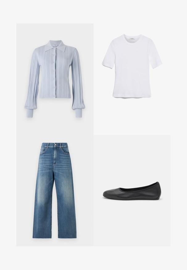 Cardigan albastru deschis cu o textură în relief, închidere cu nasturi și guler. Are mâneci lungi cu mansete ajustate.; Tricou alb cu mânecă scurtă, confectionat dintr-un material texturat. Gât rotund, tăietură regulară și detalii subtile de cusătură. Fără modele sau grafice.; Jeans cu talie înaltă și picioare largi, realizate din denim albastru cu un finisaj decolorat. Caracteristici includ buzunare frontale și un singur nasture la închidere.; Balerini din piele neagră, cu vârf rotund, textură netedă, detalii de cusătură minimale și un design al tălpii flexibil.