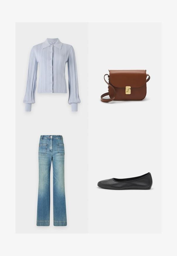 Svetlomodrý kardigán s rebrovanou textúrou, na gombíkový uzáver a s golierom. Má dlhé rukávy so priliehavými manžetami.; Biela krátka tričko s krátkymi rukávmi vyrobené z rebrovanej látky. Klasický okrúhly výstrih, bežný strih a jemné švy. Bez vzorov alebo grafiky.; Svetlomodré rifľové rozšírené džínsy s piatimi vreckami, pútkami na opasok, zapínaním na gombík a mierne blednutou textúrou, s červeným logom na zadnej strane.; Čierne kožené baleríny s okrúhlou špičkou, hladkým povrchom, minimálnym prešívaním a flexibilným dizajnom podrážky.; Hnedá kožená kabelka s klopou, zlatými kovovými prvkami, ramenným popruhom a hladkým povrchom. Kompaktný obdĺžnikový tvar.