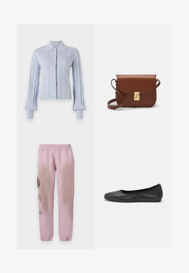 Világoskék kardigán bordázott textúrával, gombos záródással és galléros nyakkal. Hosszú ujja van, szűkített mandzsettákkal.; Fehér, rövid ujjú póló ribbed anyagból. Kerek nyakkivágás, normál szabás és diszkrét varrási részletek. Nincsenek minták vagy grafikák.; Rózsaszín melegítőnadrág elasztikus derékkal, bal oldalon gyémánt alakú dekoratív foltokkal és elasztikus szárakkal az bokákon.; Fekete bőr balettcipő lekerekített orral, sima tekstúrával, minimális varrással és rugalmas talp kialakítással.; Barna bőr kézitáska, hajtókás zárással, arany színű fém kiegészítőkkel, vállpánttal és sima felülettel. Kompakt téglalap alakú.