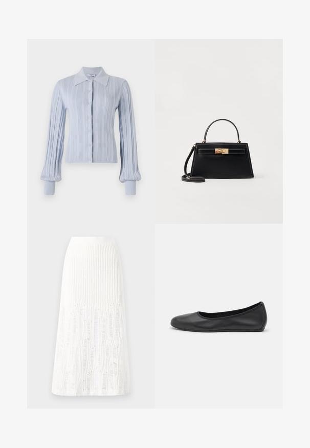 Gaiši zila džemperis ar ribotu tekstūru, ar pogu aizdari un apkakles kaklu. Iezīmējas ar garām piedurknēm ar pieguļošiem aprocēm.; Balta bezpiedurkņu topiņš no ribotā auduma, ar noapaļotu kakla izgriezumu un pieguļošu siluetu, ar minimālām šuvēm un bez rotājumiem.; Adīts balts midi svārki ar teksturētu rakstu, kas ietver vertikālas līnijas un izgriezumus pie apakšmalas. Elastīgs vidukļa jostasvads. Mīksts materiāls.; Melna ādas baleta kurpe ar noapaļotu purngalu, gludu tekstūru, minimālu šuvju detalizāciju un elastīgu zoles dizainu.; Melnas ādas rokassoma ar struktūru trapezveida formā, ar zelta metāla sprādzīti un kontrastējošu baltu sastiprinājumu. Ietver īsu rokturi un garu siksnu.