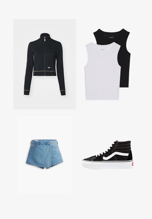 Μαύρο μπουφάν με φερμουάρ και ψηλό γιακά, παρουσιάζοντας δύο πλαϊνές τσέπες, αντίθετη ραφή και μια μικρή ετικέτα λογότυπου στο στρίφωμα.; Δύο αμάνικα μπλουζάκια σε μαύρο και λευκό χρώμα, φτιαγμένα από ραμμένο βαμβάκι, με στρογγυλά ντεκολτέ και εφαρμοστό σχέδιο. Ορατές ετικέτες και στα δύο.; Σορτς από τζιν σε ανοιχτό μπλε χρώμα, με σχέδιο τύπου περιτυλίγματος, μπροστινές τσέπες και κλείσιμο με μεταλλικό κουμπί. Απαλή υφή με ραμμένα τελειώματα.; Μαύρα ψηλά αθλητικά παπούτσια με λευκές κορδόνες, λευκό λογότυπο και αντίθετη λευκή ραφή. Διαθέτουν παχιά λευκή σόλα και υφή από σουέντ.