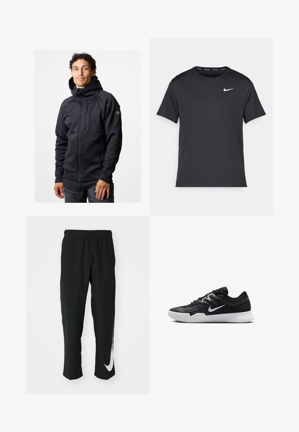 Giacca in pile nera con colletto alto e tasca sul petto con zip. Presenta cuciture a pannelli e tasche laterali. Texture morbida e liscia.; Maglietta da corsa Nike nera realizzata in materiale leggero e traspirante, con maniche corte e un piccolo logo bianco sul petto.; Pantaloni sportivi neri con cintura elasticizzata, design affusolato, caratterizzati da un grande logo Nike bianco sulla gamba sinistra. Tessuto morbido e leggero.; Scarpa sportiva nera con tomaia testurizzata, logo Nike swoosh bianco e suola in gomma bianca. Presenta un design con lacci e una forma dinamica.
