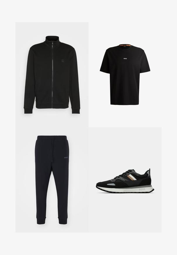 Casaco preto com fecho de correr e gola alta, feito de tecido suave. Apresenta um pequeno emblema no peito e punhos e bainha canelados para um ajuste mais ajustado.; T-shirt preta em algodão com gola redonda, mangas curtas e logo branco "BOSS" centrado no peito. Textura suave, corte casual.; Calças de fato pretas feitas de material macio, com uma cintura elástica, cordão e pernas ajustadas. Apresenta um pequeno logotipo de lado.; Shoe de corrida preto com uma superfície texturizada, detalhes cinza claro e três riscas horizontais em castanho. Apresenta uma sola branca acolchoada.