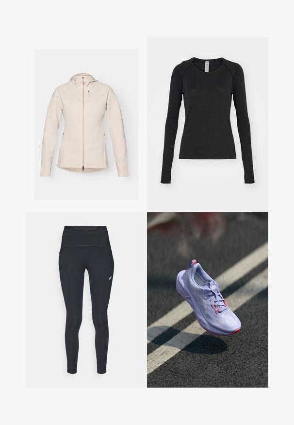 Beige fleece jacket with a hood, zip closure, and front pocket. Features smooth texture, long sleeves, and a slightly curved hemline.; Long-sleeve shirt in black, made of soft fabric. Features a crew neck and raglan sleeves with thumbholes at cuffs. Minimalist design.; ASICS ROAD HIGH WAIST - Winter tights - performance black; Light purple running shoe with a textured upper, pink accents, a round lacing mechanism, and a speckled sole, elevated above a pavement background.