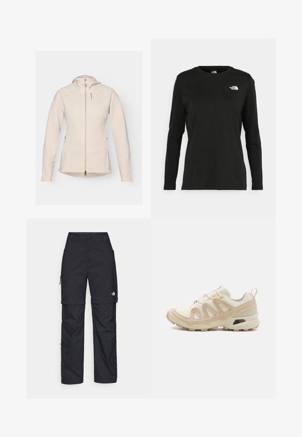 Veste en polaire beige avec capuche, fermeture éclair et poche frontale. Présente une texture lisse, des manches longues et un ourlet légèrement courbé.; T-shirt noir à manches longues en coton avec un col rond. Présente un petit logo blanc sur la partie gauche de la poitrine. Design et coupe simples.; Pantalons cargo en nylon noir, à zip amovible, avec chevilles ajustables, plusieurs poches et un logo sur la jambe droite. Texture lisse et légère.; Baskets de sport beiges et crème avec une tige en mesh texturé, des superpositions de soutien et une semelle en caoutchouc dotée d'un motif de crampons pour une traction.