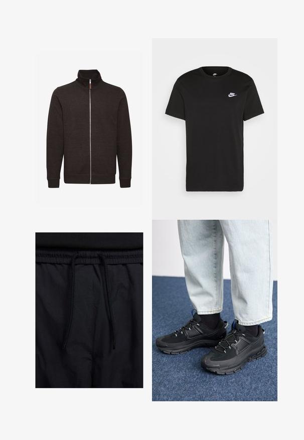 Donkerbruin zip-up sweatshirt met een hoge kraag, twee zijzakken en geribbelde manchetten en onderrand, gemaakt van een zachte, gestructureerde stof.; Zwart katoen T-shirt met korte mouwen, ronde hals en een klein wit Nike-logo op de bovenste linkerborst. Gladde textuur. Klassieke pasvorm.; Zwarte shorts met een drawstring tailleband, lichtgewicht stof met een zachte textuur en een eenvoudig ontwerp zonder zichtbare logo's of patronen.; Zwarte sportschoenen met gestructureerde stof en rubberen zolen, met elastische veters en een blauwe accent op de hiel. Draag samen met lichte spijkerbroeken.