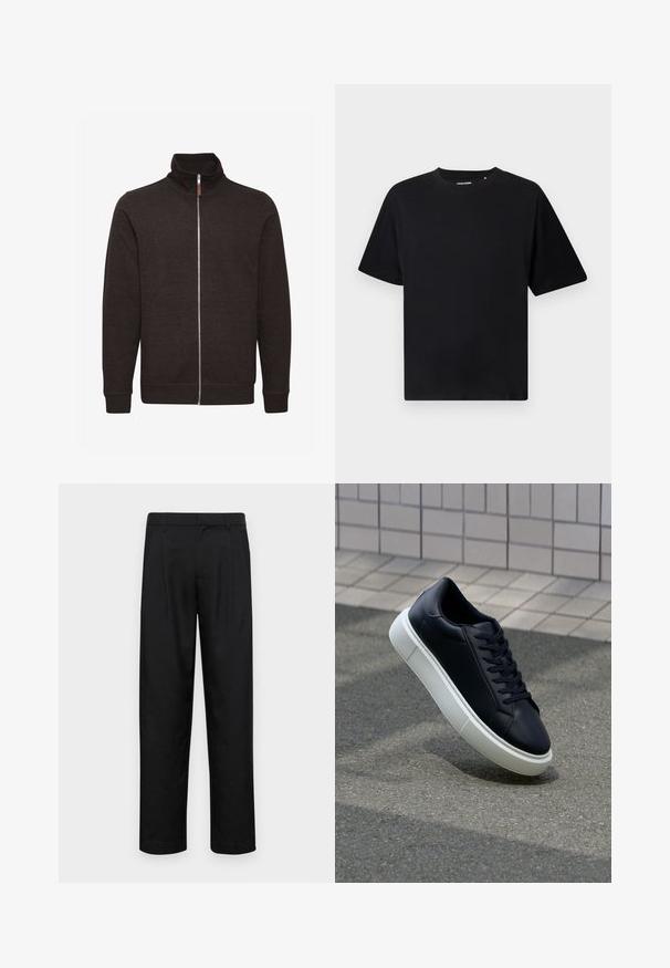 Mørkebrun zip-up sweatshirt med høj krave, to sidelommer og ribbede manchetter og søm, lavet af et blødt, struktureret stof.; Sort kortærmet T-shirt med crew neck og afslappet pasform, vist på en hvid baggrund.; Sorte bukser lavet af glat stof, med et lige ben-design, to frontfolder og en standard talje med bæltestropper.; Sort lædersneaker med rund tå og hvid gummisål. Har flade snørebånd og minimal syning på overdelen. Tekstureret sål for bedre greb.