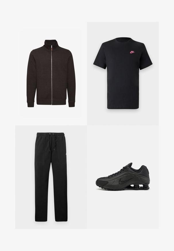 Dark brown zip-up sweatshirt with a high collar, two side pockets, and ribbed cuffs and hem, made from a soft, textured fabric.; Black cotton t-shirt with a round neckline and short sleeves. Features a pink Nike logo on the upper left side. Smooth texture.; Black sweatpants made of fleece, featuring an elastic waistband with drawstrings, two front pockets, and a small logo on the thigh.; Black running shoes featuring a smooth synthetic upper, perforated accents, textured side panels, and a distinct springy sole.