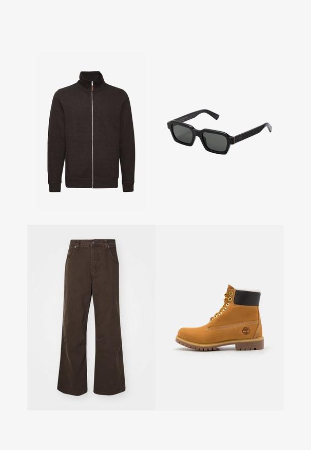 Tmavohnedá mikina na zips s vysokým golierom, dvoma bočnými vreckami a rebrovanými manžetami a lemom, vyrobená z mäkkej, štruktúrovanej látky.; Biela polo tričko vyrobené z bavlny. Obsahuje klasický golier, trojité zapínanie na gombíky a krátke rukávy. Na hrudi je subtilné logo vyšívané.; Hnedé nohavice s širokými nohavicami vyrobené z bavlny, s vysokým pásom, prednými vreckami a hladkou textúrou. Dokončenie obsahuje jemné detaily prešitia.; Hnedé kožené ankle boot s kovovými očkami, bielym kožúškom vo vnútri, čiernym vypolstrovaným golierom, robustnou podrážkou a vyrazeným logom na boku.; Čierne, štvorcové slnečné okuliare so sivými sklami. Hrubé plastové rámy majú zlaté akcenty a branding na spánku. Hladký povrch.