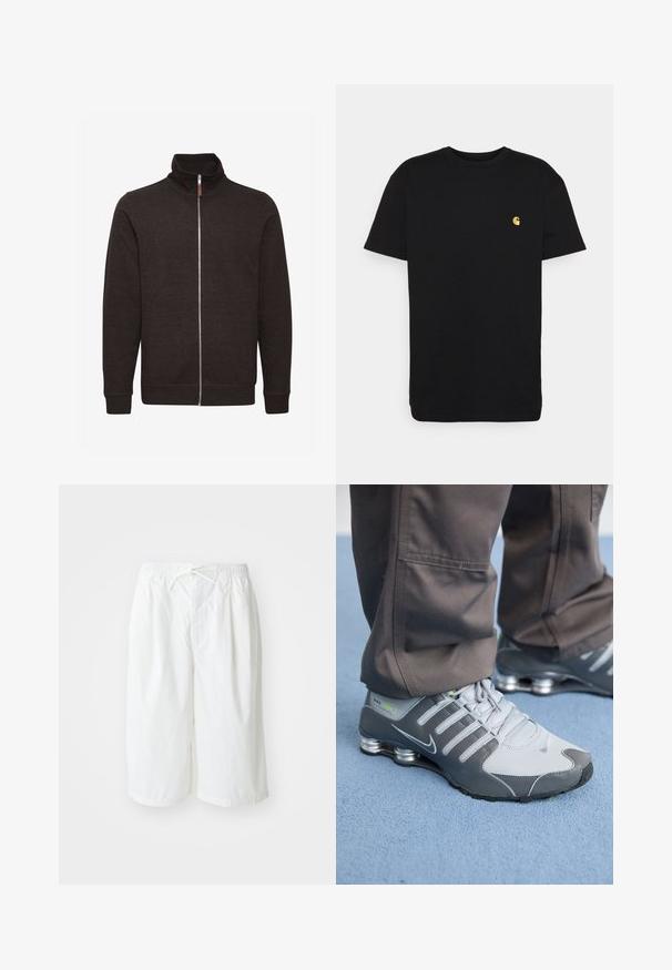 Tamsiai ruda zip-up džemperis su aukštu apykakle, dviem šoninėm kišenėm ir braižytais rankogaliais bei apačia, pagamintas iš minkštos, tekstūruotos medžiagos.; Juodas medvilnės marškinėliai trumpomis rankovėmis, apvaliu kaklu ir maža geltona logo kairėje krūtinės pusėje. Paprastas dizainas ir įprasta apimtis.; Balti trumpai su elastinga liemene ir raiščiu, pateikti prieš paprastą šviesią fono. Tinka kasdienei ar šiltam orui.; Pilki ir sidabriniai Nike Shox sportiniai bateliai pasižymi elegantišku dizainu, pagaminti iš tinklinės ir sintetinės medžiagos, turi apvalų pirštą ir paminkštintą apykaklę.