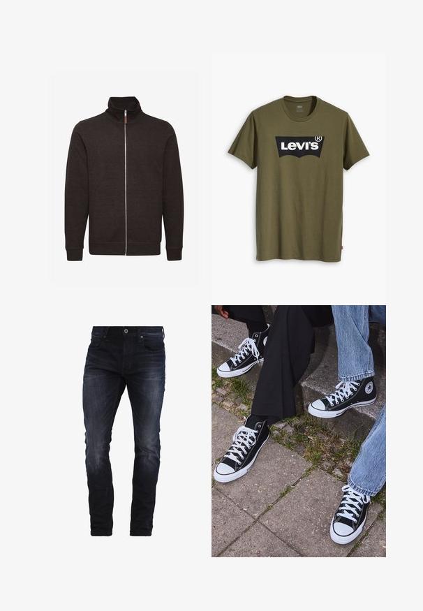 Dark brown zip-up sweatshirt with a high collar, two side pockets, and ribbed cuffs and hem, made from a soft, textured fabric.; Olive green cotton t-shirt featuring a large black Levi's logo in a contrasting semi-arched shape across the chest. Regular fit.; Dark blue slim-fit jeans with slight fading on thighs and knees, featuring front pockets, belt loops, and a button closure.; Black high-top canvas sneakers with white rubber soles and laces, featuring a circular logo on the side and paired with denim and black pants.