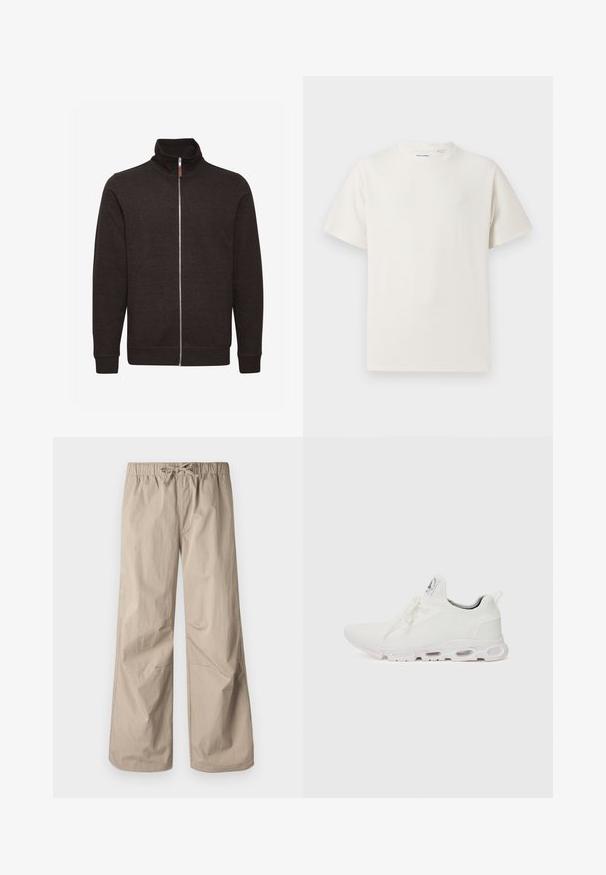 Temno rjava zip-up mikica z visokim ovratnikom, dvema stranskima žepoma ter rebrastimi manšetami in robom, izdelana iz mehkega, teksturiranega blaga.; Bela majica s kratkimi rokavi iz rebraste tkanine. Okrogli izrez, sproščen kroj, brez vidnih vzorcev ali naglasov. Preprosta in vsestranska zasnova.; Bež hlače širokega kroja z elastičnim pasom in vrvico. Gladka tekstura, dve stranski žepu in minimalni šivi za sproščen fit.; Bela atletska obuća z značilnom pletenom gornjom stranom, ravnim vezicama i podlogom s jastučićem koja ima vidljive zračne komore za dodatnu potporu.