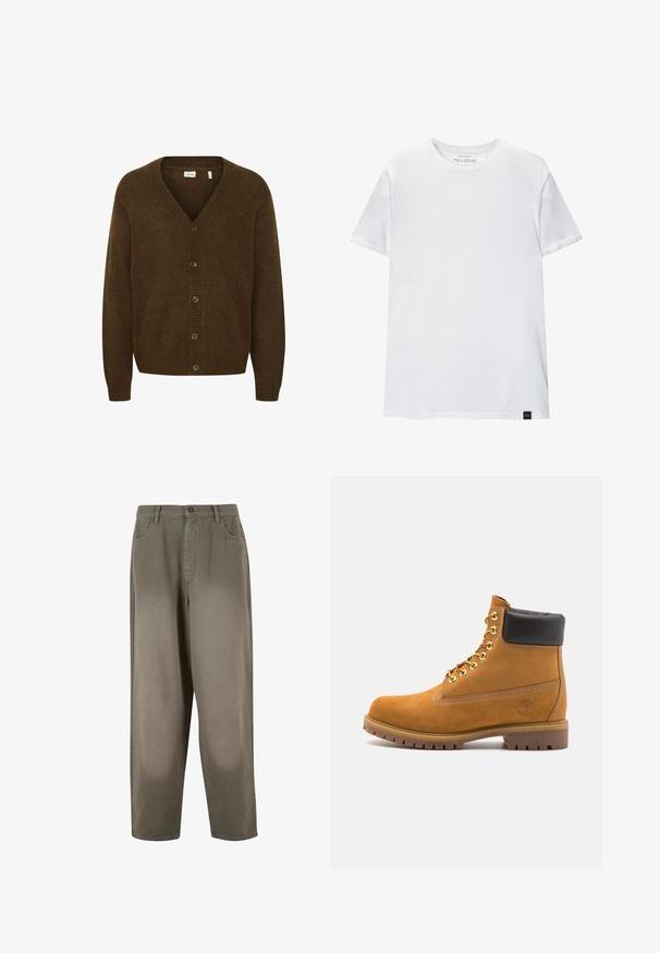 Brauner Strickcardigan mit V-Ausschnitt, langen Ärmeln und einer Vorderseite mit Fünf-Knopf-Verschluss. Strukturierter Stoff mit gerippten Akzenten.; Weißes Muskel-fitt T-Shirt aus Baumwolle. Rundhals, kurze Ärmel, glatte Textur. Kleines schwarzes Logo-Tag am Saum. Schlichtes Design.; Helle grüne, weite Hosen aus weichem Stoff. Verfügt über einen Knopfverschluss, Vorderseiten-Taschen und eine insgesamt glatte Textur.; Beige Wildleder-Ankle-Boot mit schwarzem gepolstertem Kragen, goldenen Metallösen, weißen Nähdetalben und einer robusten Gummisohle mit ausgeprägtem Profil.