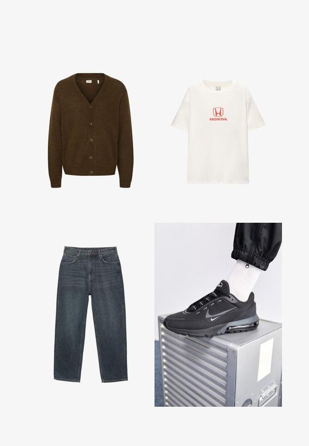 Brauner Strickcardigan mit V-Ausschnitt, langen Ärmeln und einer Vorderseite mit Fünf-Knopf-Verschluss. Strukturierter Stoff mit gerippten Akzenten.; Weißes Baumwoll-T-Shirt mit kurzen Ärmeln. Es verfügt über ein rotes "HONDA"-Logo über einem rechteckigen Emblem in der Mitte. Einfaches, klassisches Design.; Dunkelblaue Jeans aus Denim mit geradem Bein, fünf Taschen, Gürtelschlaufen und subtilen Verblassungen im Material. Gestickte Saumdetails.; Nike Sportswear PULSE - Sneaker low - black/anthracite