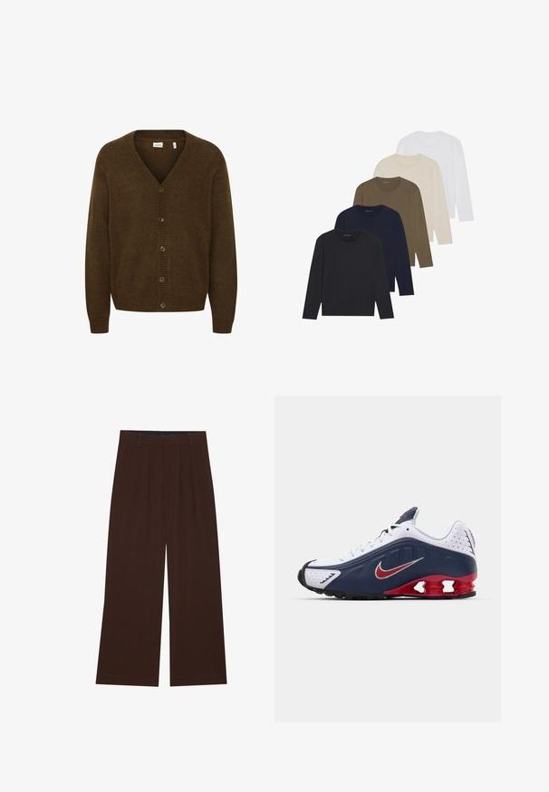 Brauner Strickcardigan mit V-Ausschnitt, langen Ärmeln und einer Vorderseite mit Fünf-Knopf-Verschluss. Strukturierter Stoff mit gerippten Akzenten.; Fünf Langarmhemden in einem Farbverlauf: dunkles Marineblau, Marineblau, olivgrün, beige und weiß. Jedes hat einen Rundhalsausschnitt und eine glatte Textur.; Braune weite Hosen mit Falten. Aus einem glatten Stoff gefertigt, mit einem taillierten Bund und seitlichen Taschen. Flacher Saum am Boden.; Weiße und marineblaue Sportschuhe mit roten Akzenten, Netzpaneelen, gepolstertem Kragen und einem markanten Sohlenentwurf mit sichtbaren Dämpfungselementen.