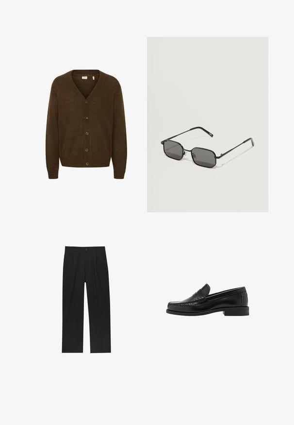 Brauner Strickcardigan mit V-Ausschnitt, langen Ärmeln und einer Vorderseite mit Fünf-Knopf-Verschluss. Strukturierter Stoff mit gerippten Akzenten.; Schwarzes Baumwoll-T-Shirt mit Rundhalsausschnitt, kurzen Ärmeln und geradem Saum. Glatte Textur; schlichtes, ungeschmücktes Design.; Schwarze Hose mit geradem Schnitt, aus einem glatten Stoff gefertigt. Verfügt über Vorderfalten und einen einzelnen Knopfverschluss an der Taille.; Schwarze Lederloafer mit glatter Oberfläche, genähten Details an der Zehe und einem flachen Absatzdesign für Komfort und Stil.; Schwarze Sonnenbrille mit rechteckigen Gläsern, schlankem Metallrahmen und geraden Bügeln. Ausgestattet mit klaren Silikon-Nasenpads für mehr Komfort.