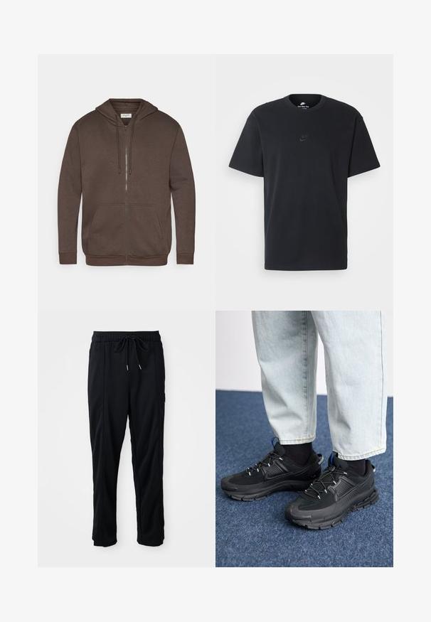 Felpa con zip marrone, dotata di lacci, tasca a marsupio frontale e polsini e orlo a coste, presentata su uno sfondo bianco.; T-shirt in cotone nero della Nike con collo rotondo classico, maniche corte e un logo in rilievo discreto sul petto. Texture liscia.; Pantaloni casual neri con elastico in vita, tasche laterali e taglio dritto su uno sfondo uniforme.; Scarpe sportive nere con tessuto testurizzato e suole in gomma, dotate di lacci elastici e un accento blu sul tallone. Indossate con pantaloni in denim chiaro.