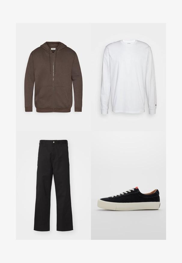 Hnědá mikina na zip s šňůrkami, přední klokaní kapsou a žebrovanými manžetami a lemem, vystavená na bílém pozadí.; Bílá dlouhá tričko s dlouhými rukávy vyrobené z bavlny. Design s kulatým výstřihem, žebrované manžety a malé logo na levém rukávu. Hladká textura.; Černé kalhoty vyrobené z odolné tkaniny, s přímým střihem, předním zapínáním na knoflík, poutky na opasek a bez viditelných vzorů nebo akcentů.; Černé látkové tenisky s bílými tkaničkami, béžovou gumovou podrážkou a červeným akcentem na patě. Zaoblená špička a minimální švy.