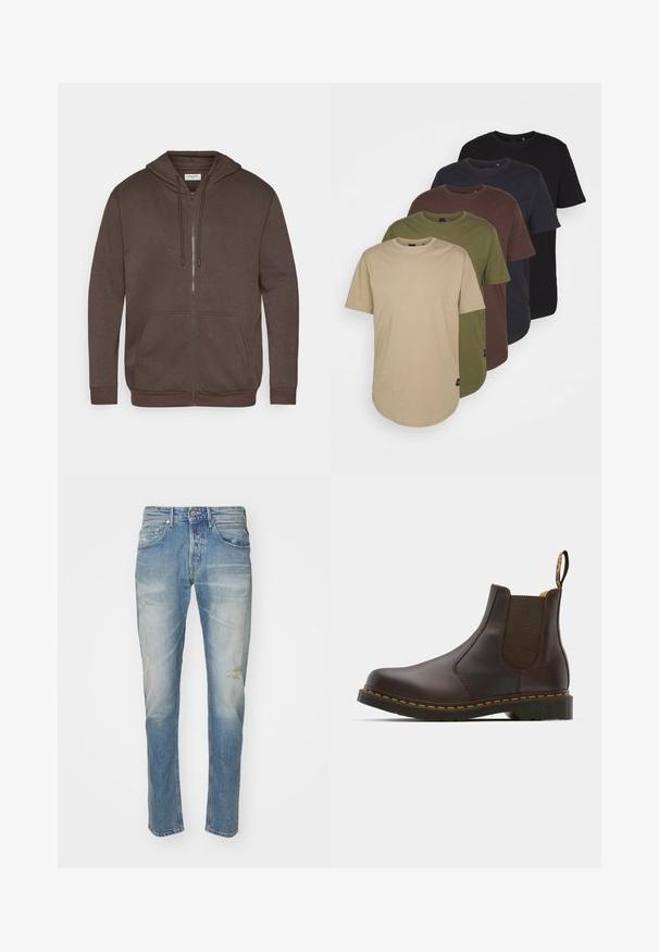 Hanorac maro cu fermoar, cu șnururi, buzunar frontal tip kangaroo și mansete și tiv cu nervuri, expus pe un fundal alb.; Cinco tricouri aranjate în culori gradiente: bej, oliv, marron, albastru închis și negru. Fabricate din bumbac moale, cu mâneci scurte și guler rotund.; Blugi din denim de culoare albastră deschisă cu un finisaj ușor decolorat, ușor deteriorați la genunchi, design drept, stil cu cinci buzunare și închidere cu nasture metalic.; Botine Chelsea din piele maro, cu panouri elastice laterale, toc texturat și cusături galbene contrastante. Prezintă un tab pentru o îmbrăcare ușoară.